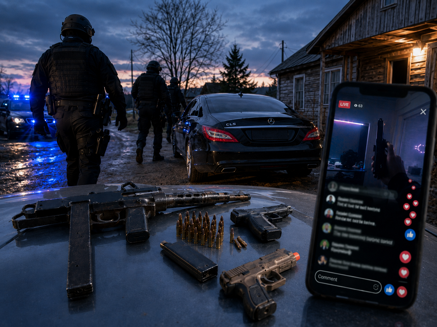 „TIKTOKO GANGSTERIO“ ŠOU UŽBAIGĖ ARAS – NEBLAIVUS PRIE MERCEDES VAIRO, NAMUOSE – AUTOMATAS, PISTOLETAS IR 82 ŠOVINIAI