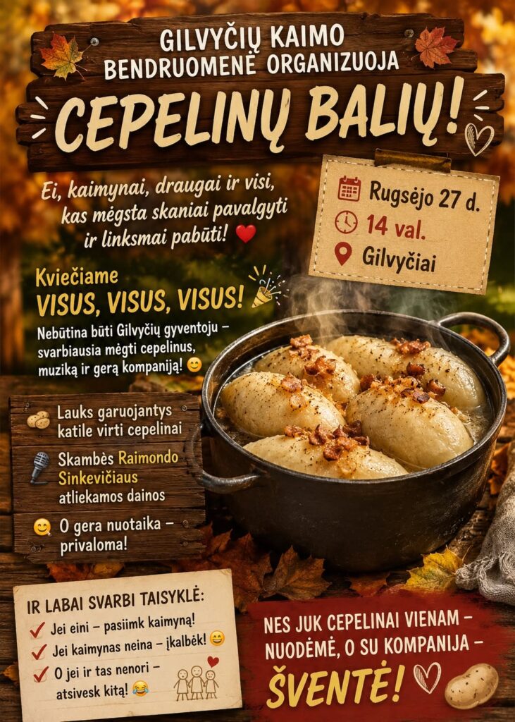 Gilvyčių kaimo bendruomenės Cepelinų baliaus plakatas su garuojančiu cepelinų katilu. Renginys vyks rugsėjo 27 d. 14 val. Gilvyčiuose.