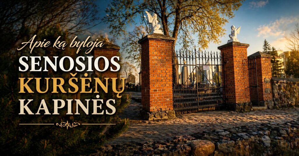 Senųjų Kuršėnų kapinių vartai rudens vakarą ir ekskursijos „Apie ką byloja senosios Kuršėnų kapinės“ reklaminis vaizdas.
