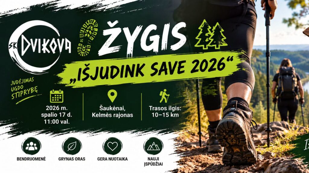 SK „Dvikova“ žygio „Išjudink save 2026“ plakatas – spalio 17 d. Šaukėnuose, Kelmės rajone, vyks 10–15 km žygis.