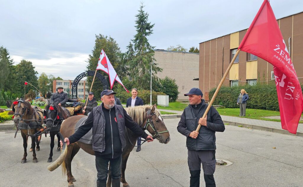 Žygio dalyviai Kužiuose su žemaitukų žirgais.