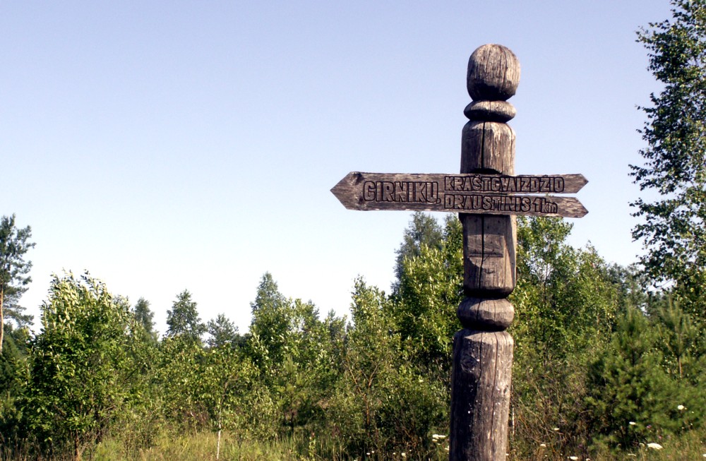 Medinė rodyklė į Girnikų kraštovaizdžio draustinį ir Girnikų kalną, apsupta žalumos.