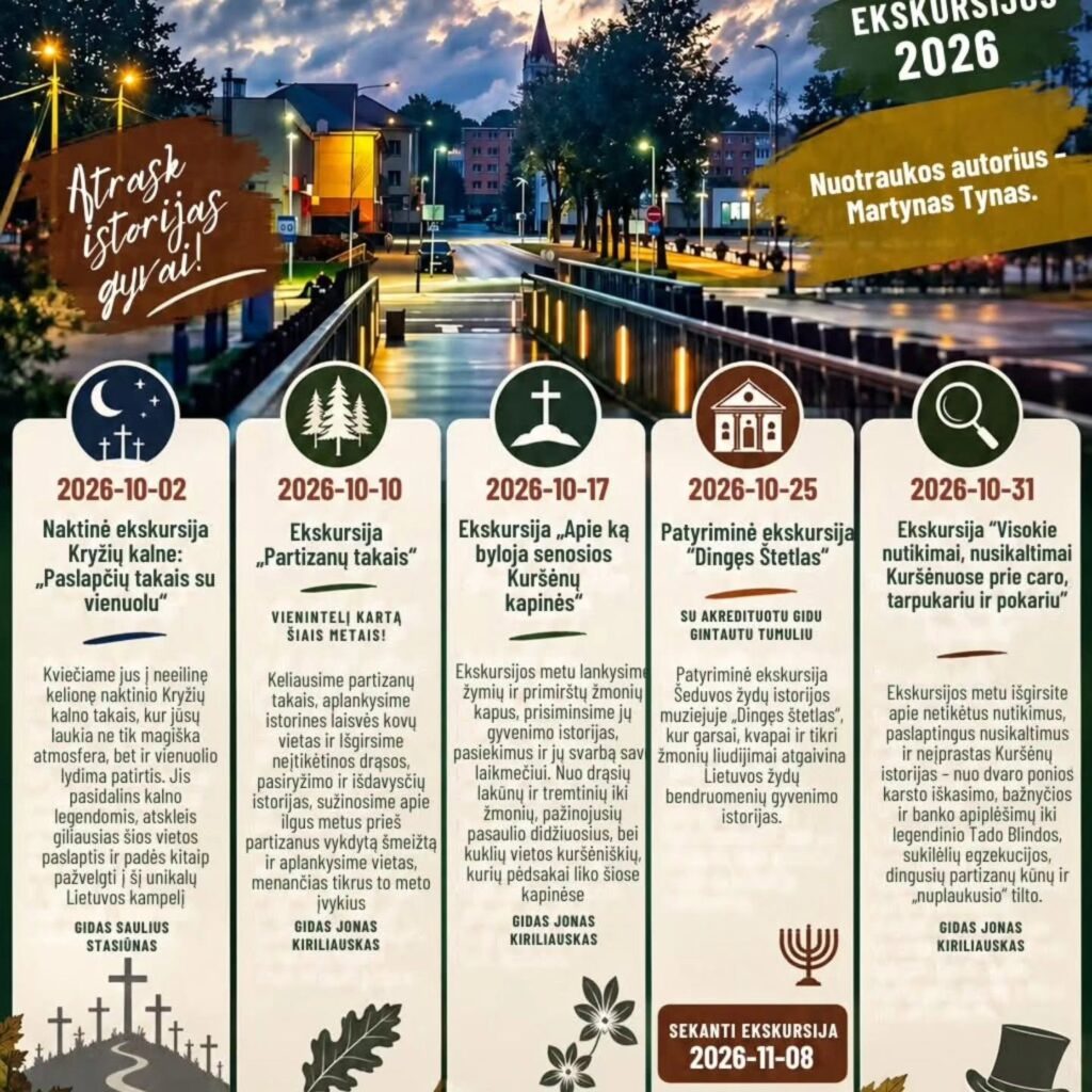 „Įdomūs Kuršėnai“ 2026 metų spalio ekskursijų plakatas su penkiomis skirtingomis ekskursijomis Kuršėnuose, Kryžių kalne ir Šeduvoje.