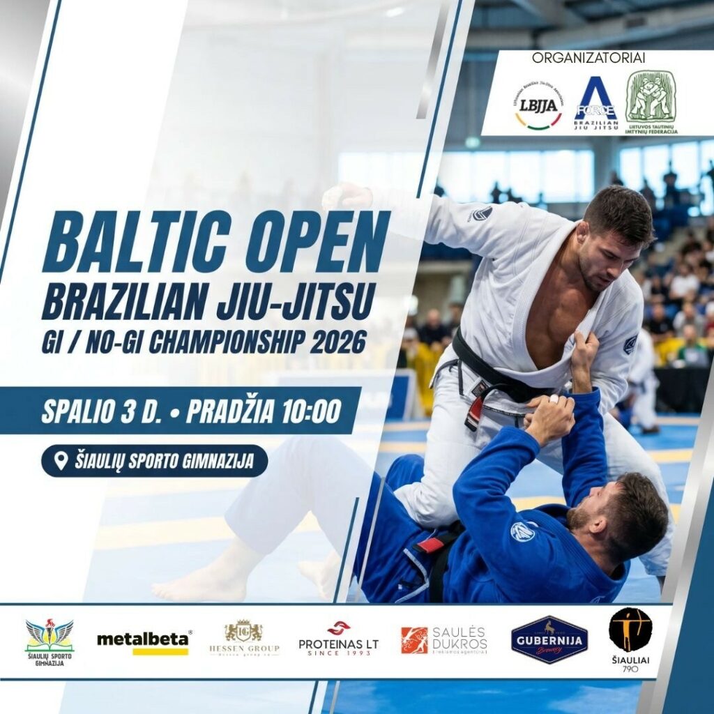 „Baltic Open Brazilian Jiu-Jitsu Gi/No-Gi Championship 2026“ renginio plakatas. Spalio 3 d. Šiaulių sporto gimnazijoje vyks Baltijos šalių braziliškojo Jiu-Jitsu čempionatas. Varžybų pradžia – 10 val.