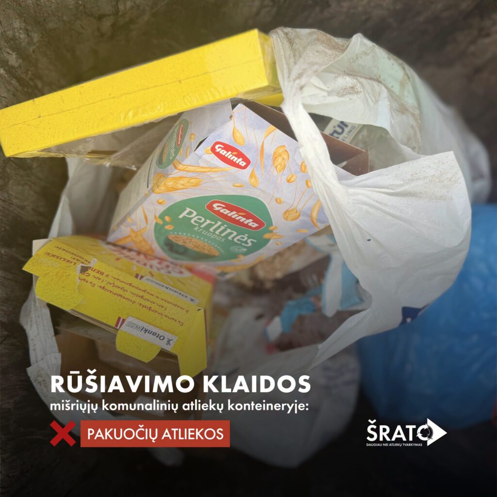 Pakuočių atliekos mišriųjų komunalinių atliekų konteineryje – netinkamo atliekų rūšiavimo pavyzdys.