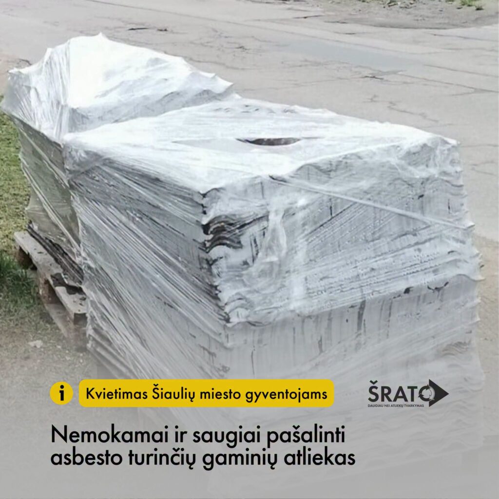 Ant medinės paletės sukrauti ir plėvele apvynioti asbestinio šiferio lakštai. ŠRATC informuoja apie nemokamą asbesto atliekų išvežimą Šiaulių miesto gyventojams.