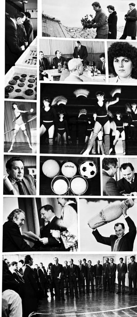 1985 m. kovo 15 d. Kuršėnų 4-ojoje vidurinėje mokykloje atidaryto Šiaulių rajono sporto muziejaus akimirkos – muziejaus eksponatai, svečiai ir sportininkų pasirodymai.