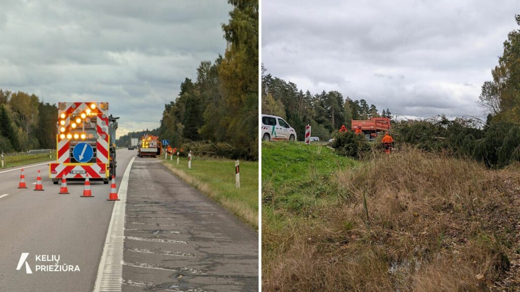 Stipraus vėjo padarinius šalina „Kelių priežiūros“ darbuotojai – valstybinės reikšmės kelyje pastatyti įspėjamieji ženklai, o kelininkai nuo pakelės šalina nuvirtusius medžius ir nulūžusias šakas.