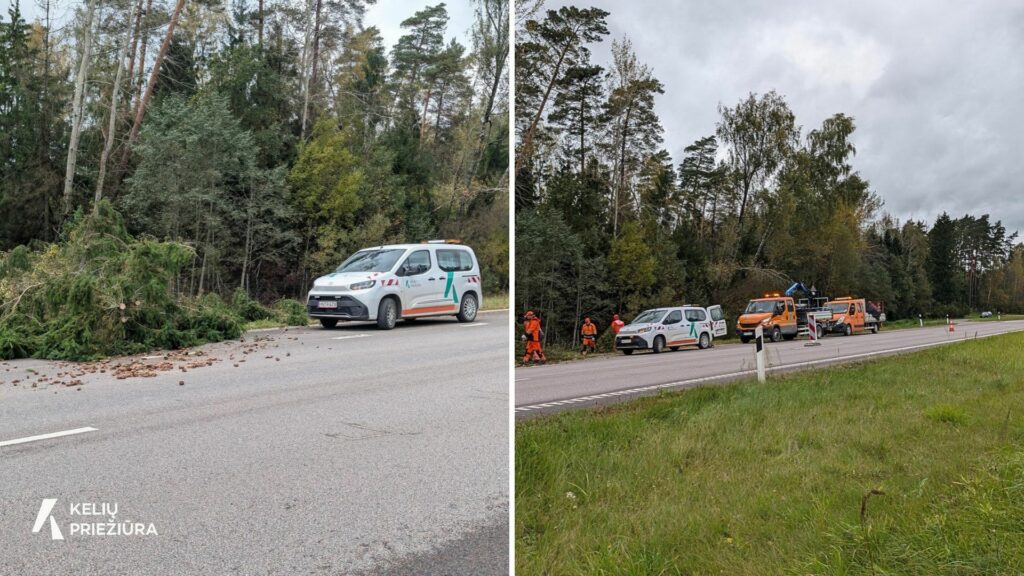 Stipraus vėjo nulaužtas medis užvirtęs ant kelio, o AB „Kelių priežiūra“ darbuotojai su specialiąja technika šalina nuvirtusius medžius ir šakas.